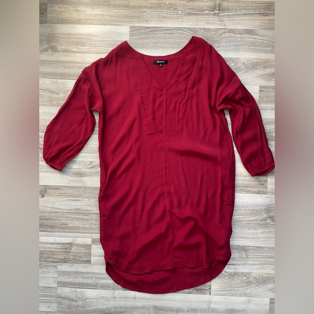 Madewell Burgundy Solid Long Sleeve Tunic Dress Size XS Viscose Vneck